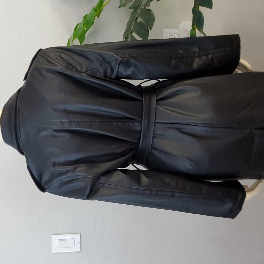 Black Faux Vegan Leather long belted Trench Coat S womens - Picture 11 of 13